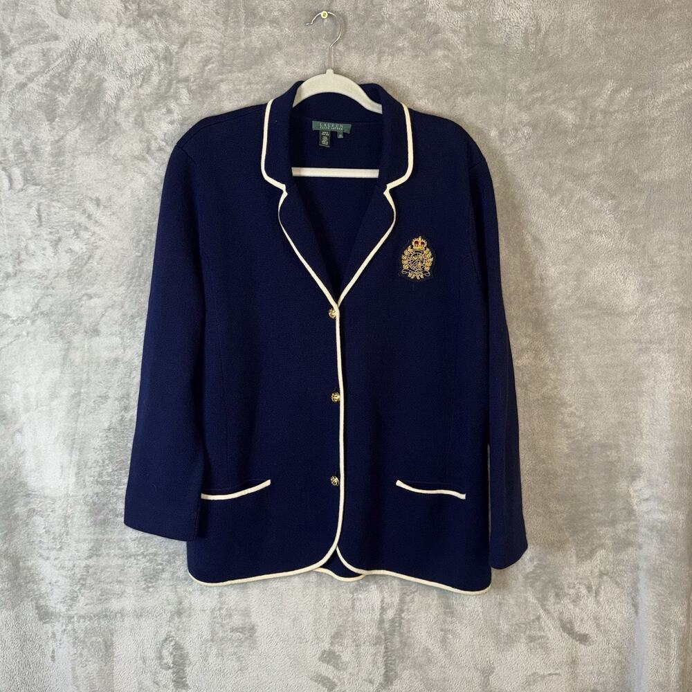 Lauren Ralph Lauren Knit Sweater Blazer SZ 2X Gold Crest Buttons Preppy Academia